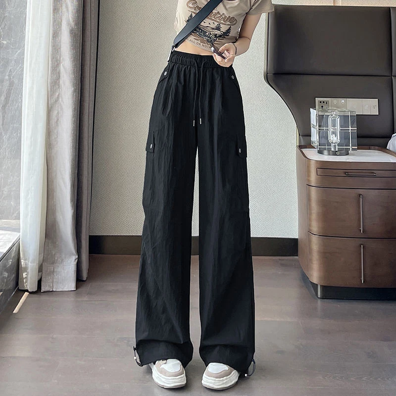 Y2K American Quick-Drying Cargo Pants Women Summer Thin Casual Wide-Leg Pants Bf High Waist Multi Pocket Loose Straight Trousers