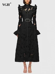 VGH Elegant Hollow Out Lace Dresses For Women Stand Collar Flare Sleeve High Waist Patchwork Belt A Line Folds Dress Female New