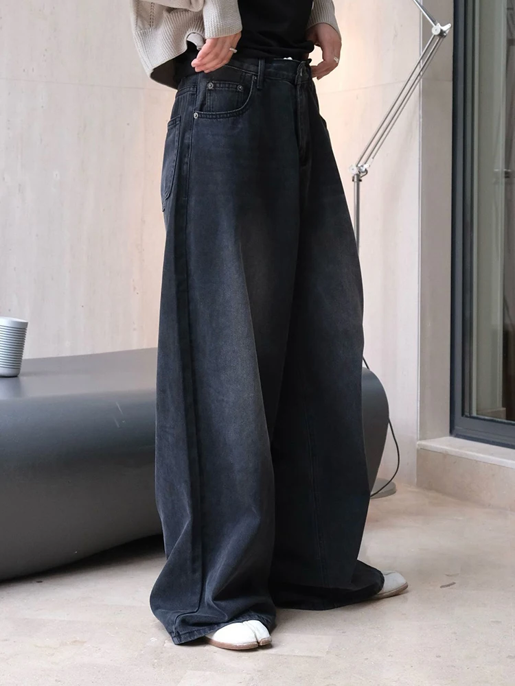 [EAM] High Waist Black Denim Vintage Long Casual Wide Leg Jeans New Women Trousers Fashion Tide Spring Autumn 2024 1DH6404