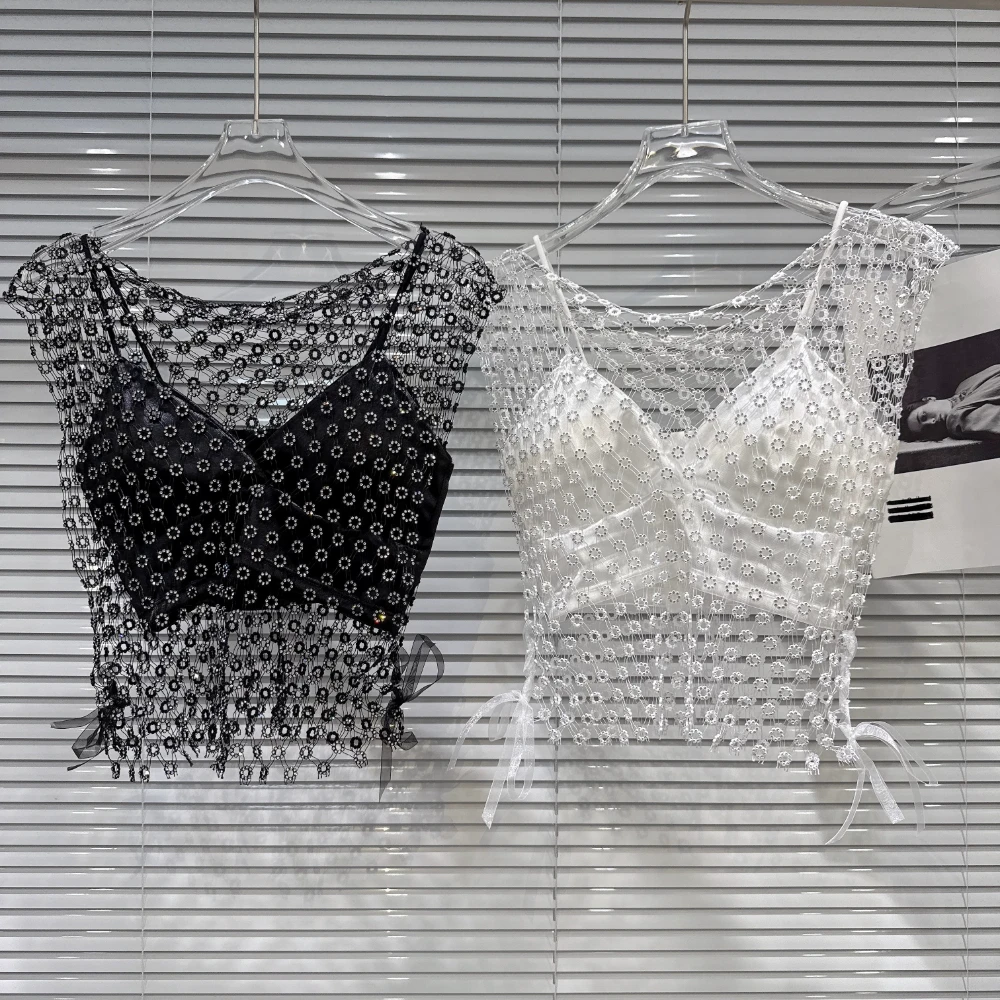 

2026 Summer New Arrival: Nightclub Performance Round Rhinestone Cutout Mesh + Cami Top, Two-piece, Sexy Crop Top for Women