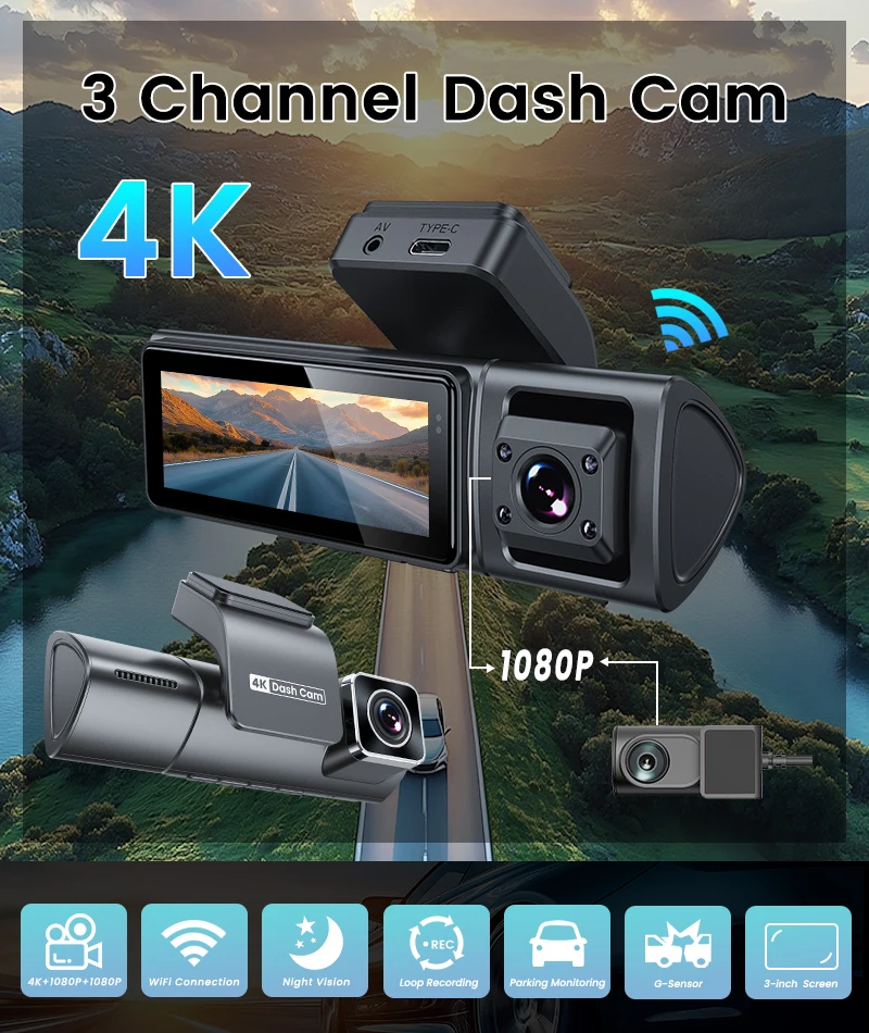 3ch-Dashcam 4K+1K+1K 3.2inch car DVR with wifi/G-Sensor Loop Recording SUPER night vision support parking monitor max 256G