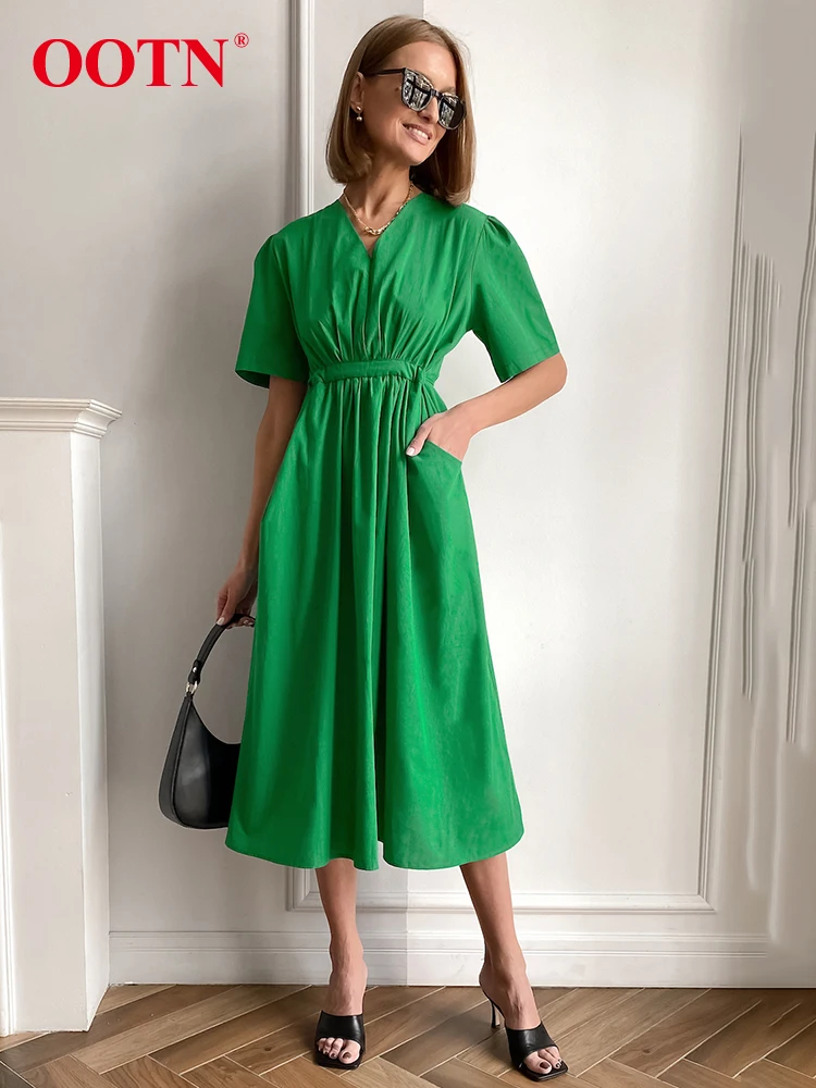 OOTN-Robe trapèze plissée à manches courtes pour femmes, élégante, col en V, verte, sexy, en coton, décontractée, slim, mi-longue, bleue, été, 2023