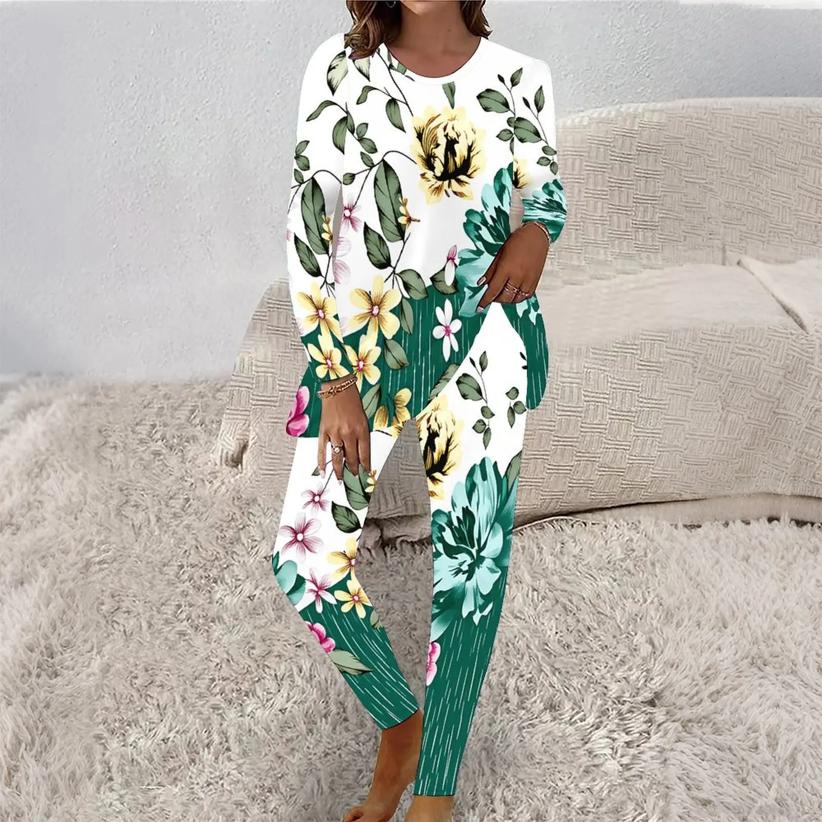 2 Piece Round Neck  Everyday Commuting Clothes  Beach Vacation Tight-fitting Sweatpants Women Print  Two Piece Set