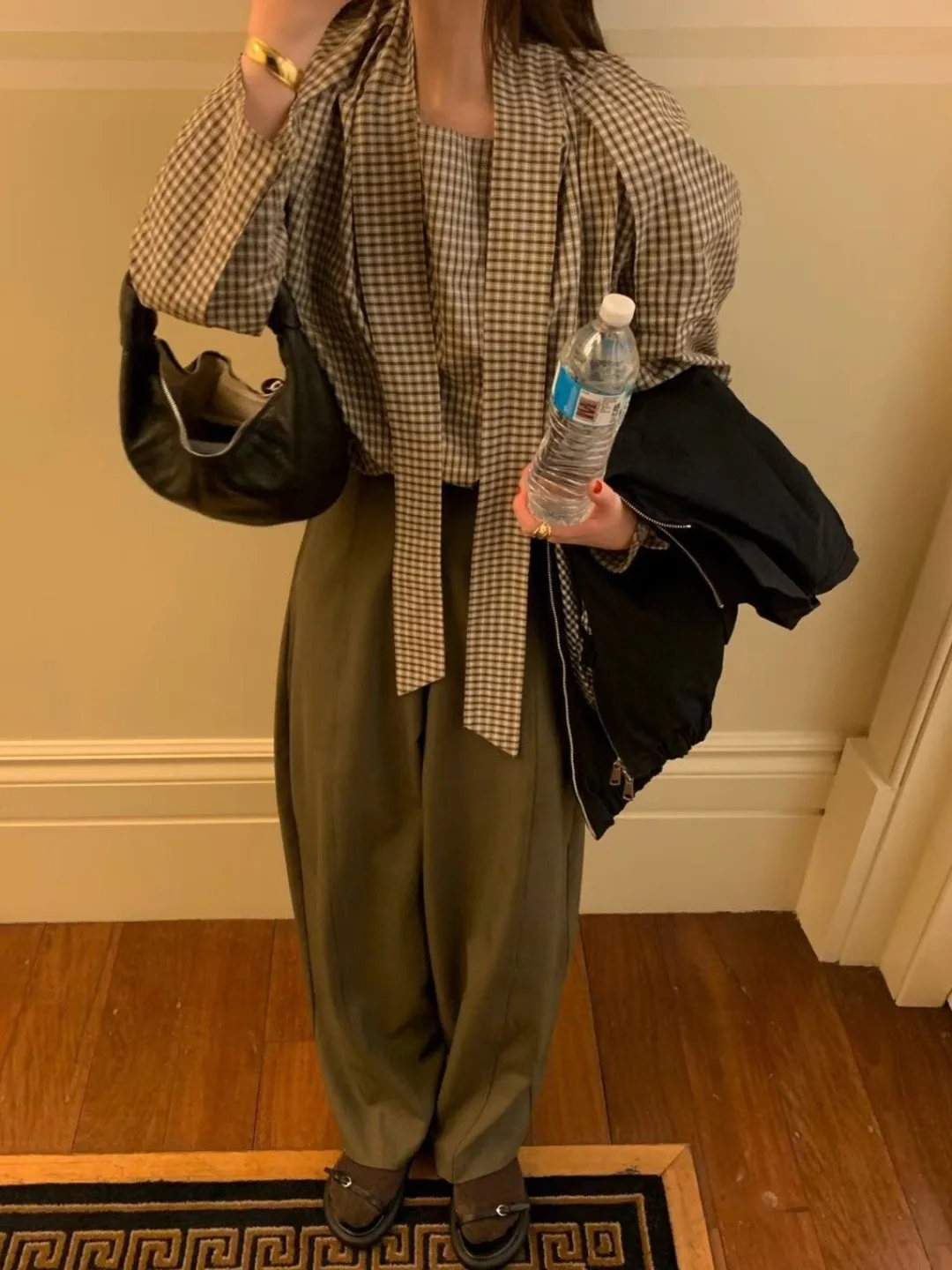 

Ретро-рубашка в клетку с одной пуговицей и длинным рукавом для женщин, свободный универсальный топ в корейском стиле, теплый, на весну и осень