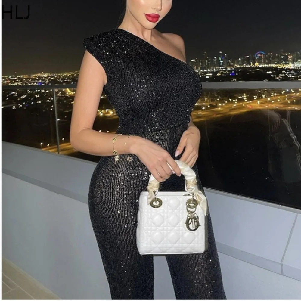 HLJ Fashion Sequin One Shoulder Wide Leg Pants Jumpsuits Women Sleeveless Backless Slim Playsuits Female Party Club Overall 2024