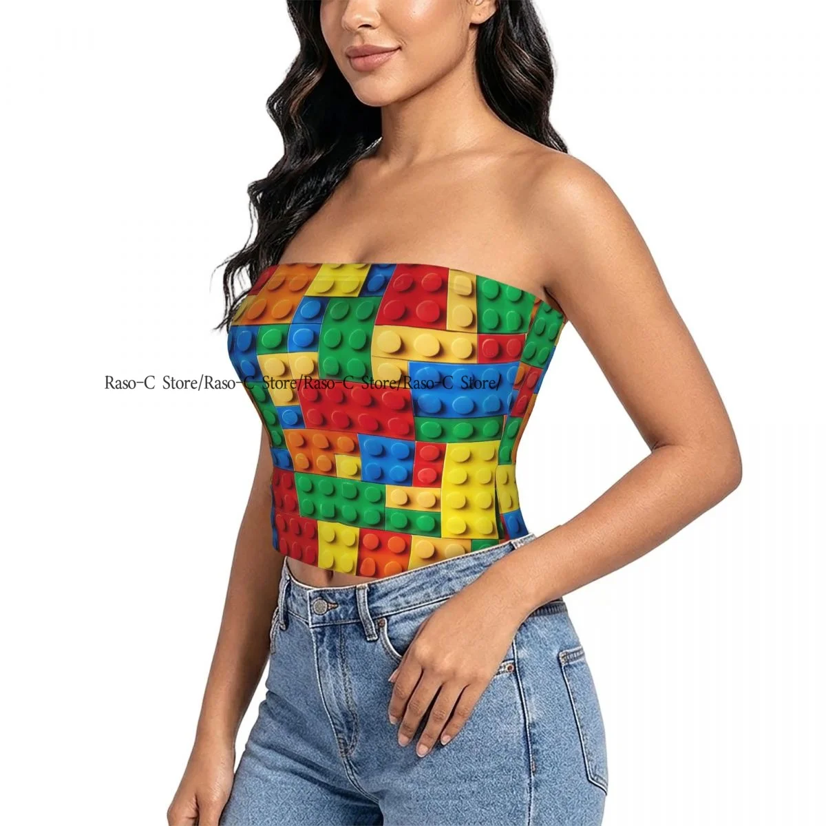 Women strapless blouses sleeveless Colorful Building Blocks Bricks halter-neck sexy short-sleeved blouses