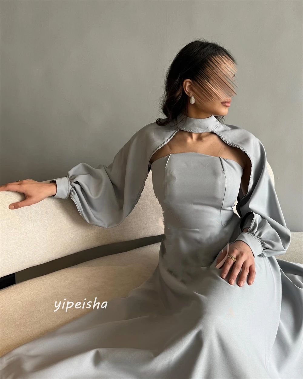 Jiayigong  Satin Draped Pleat Cocktail Party A-line High Collar Bespoke Occasion Gown Midi Dresses