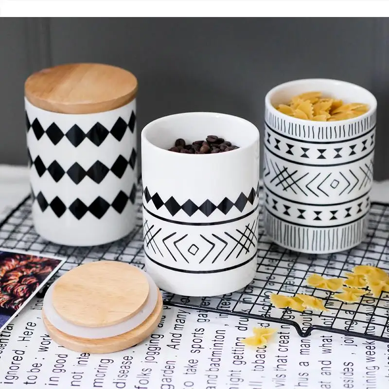 Geometric Patterns Sealed Jar with Cover Ceramic Storage Household Food Box Coffee Candy Finishing Decoration