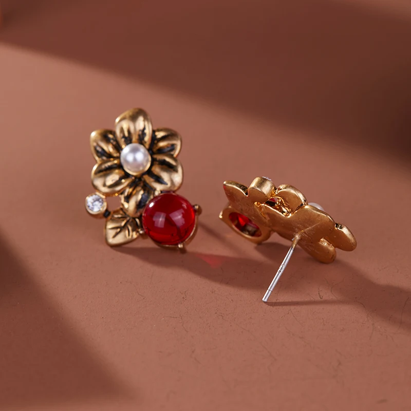 LEWIS SEGAL Medieval Style Vintage Golden Flower Red Glaze Beads Stud Earrings for Women 18K Gold Retro Fine Jewelry