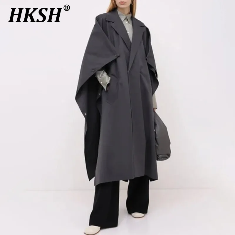 

HKSH Fashion Trend Women's Long Windbreaker 2024 Autumn New Personalized Splicing Trench Design High Street Trendy Jacket HK3066