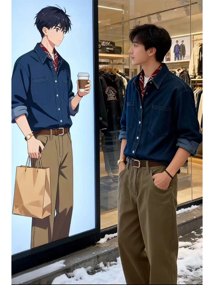 

Мужская джинсовая рубашка Deep Blue в корейском стиле с длинным рукавом, для ношения под одеждой, повседневная, для многослойных образов, весенняя модная новинка, стильная и крутая