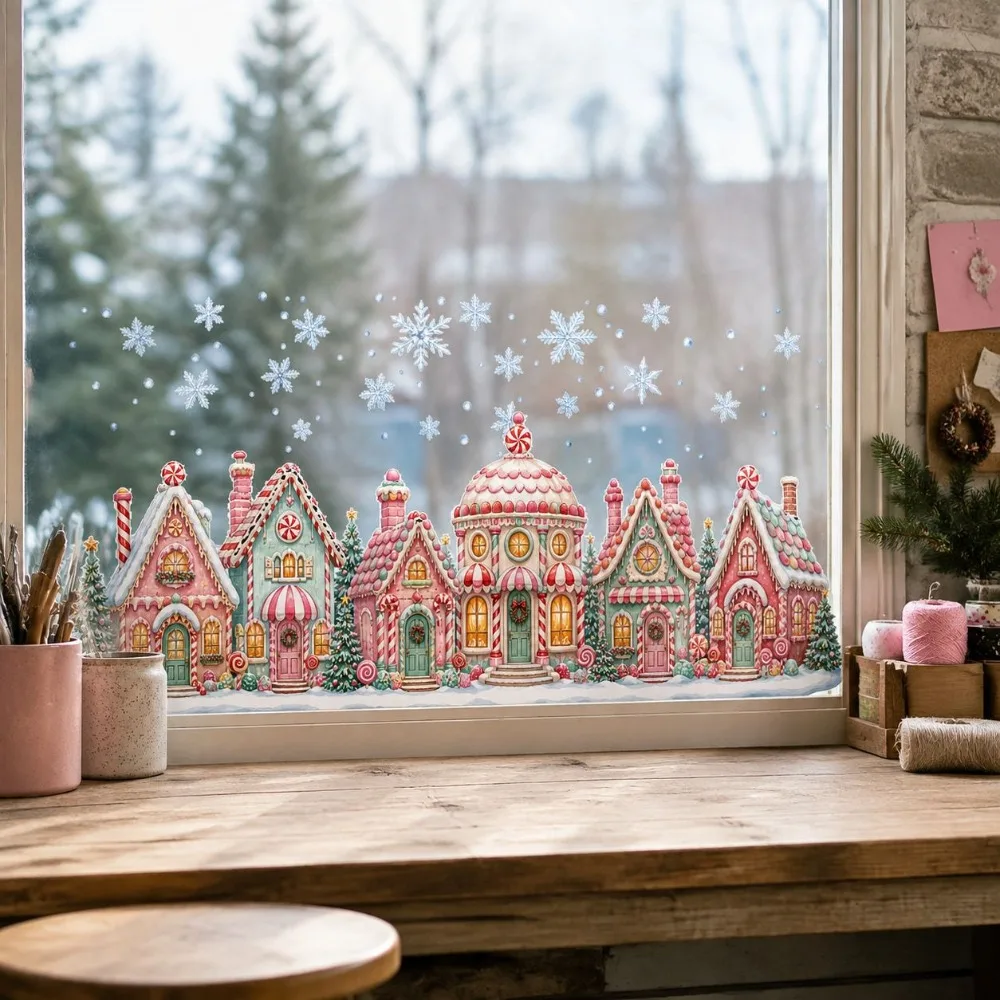 Static Adhesive Christmas Village Window Stickers 2D Flat Pattern Glue-free Snowy Town Window Cling PVC Waterproof Window Decal