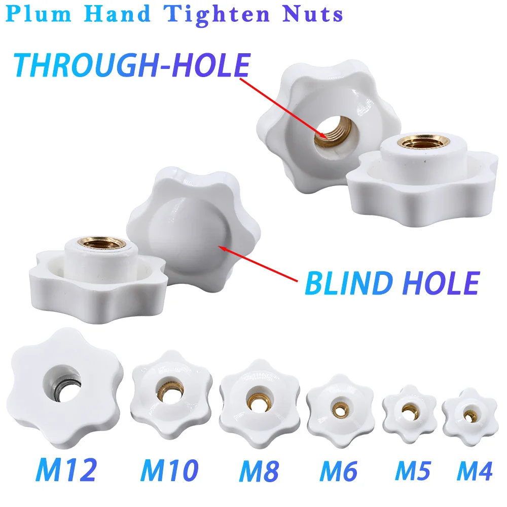 M4 M5 M6 M8 M10 M12 Plum Hand Tighten Nuts Handle Thread Mechanical Hole/Blind Hole Plum Handle Nut Clamp Knob Manual Perforated