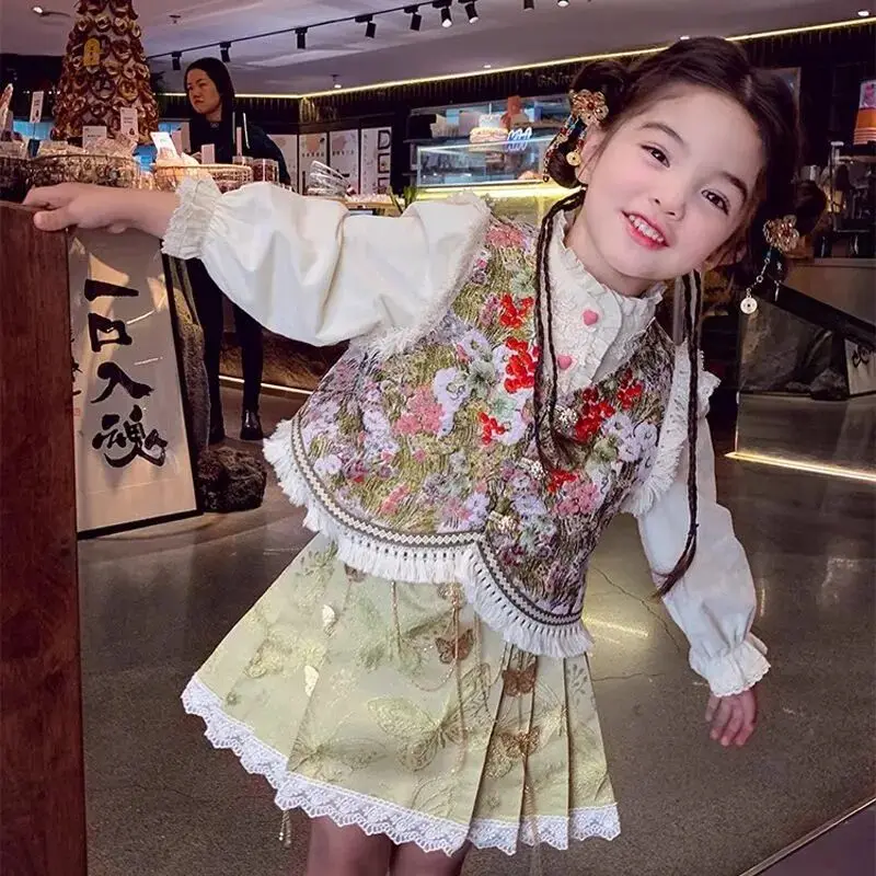 

Комплект одежды для девочек: весенне-осенний костюм в китайском стиле с кружевным декором, жилет, рубашка и юбка-полусолнце, 3 предмета, детский наряд