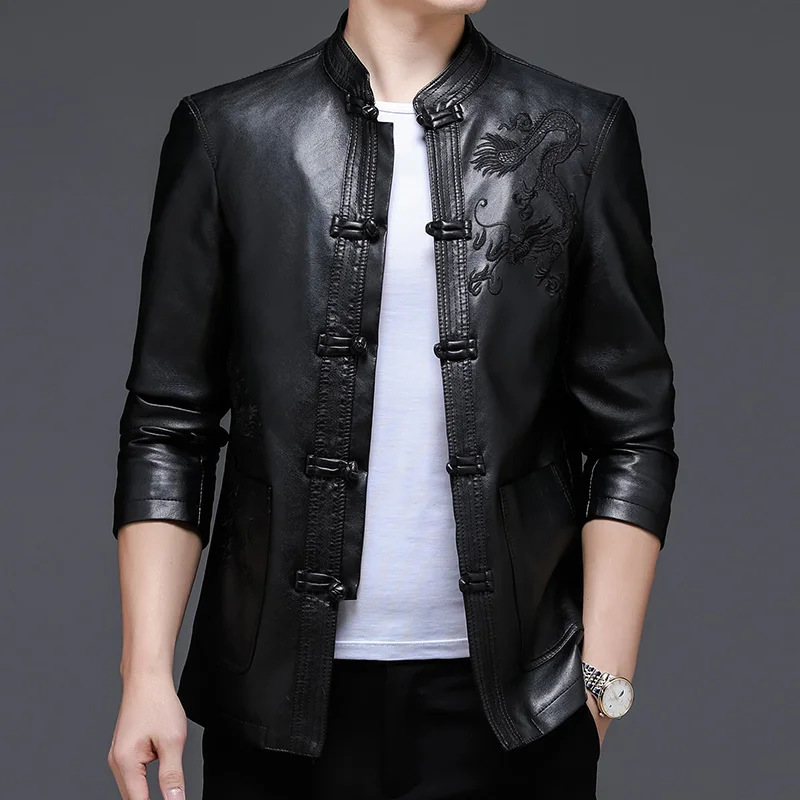 Top Grade Men Leather Jacket 2023 New Autumn and Spring Business Casual Classic Embroidered Pu Motorcycle Coat