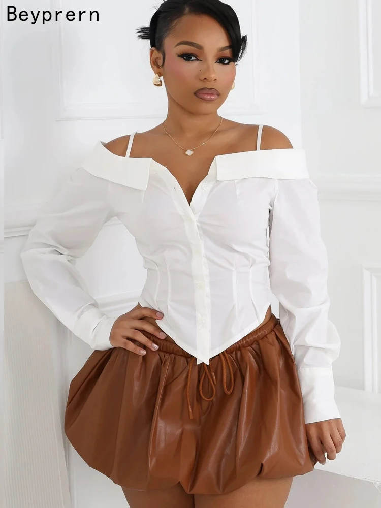 

Beyprern Cute Girls White Off The Shoulder Shirt Top Autumn Elegant Long Sleeve Corset Blouses Shirt Night Club Wear