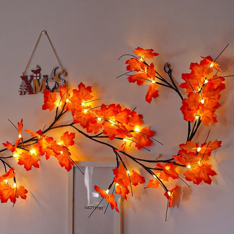 Figurines Artificial Autumn Maple Leaves Garland Led Fairy Lights Christmas Decoration Thanksgiving Party DIY Decor Halloween