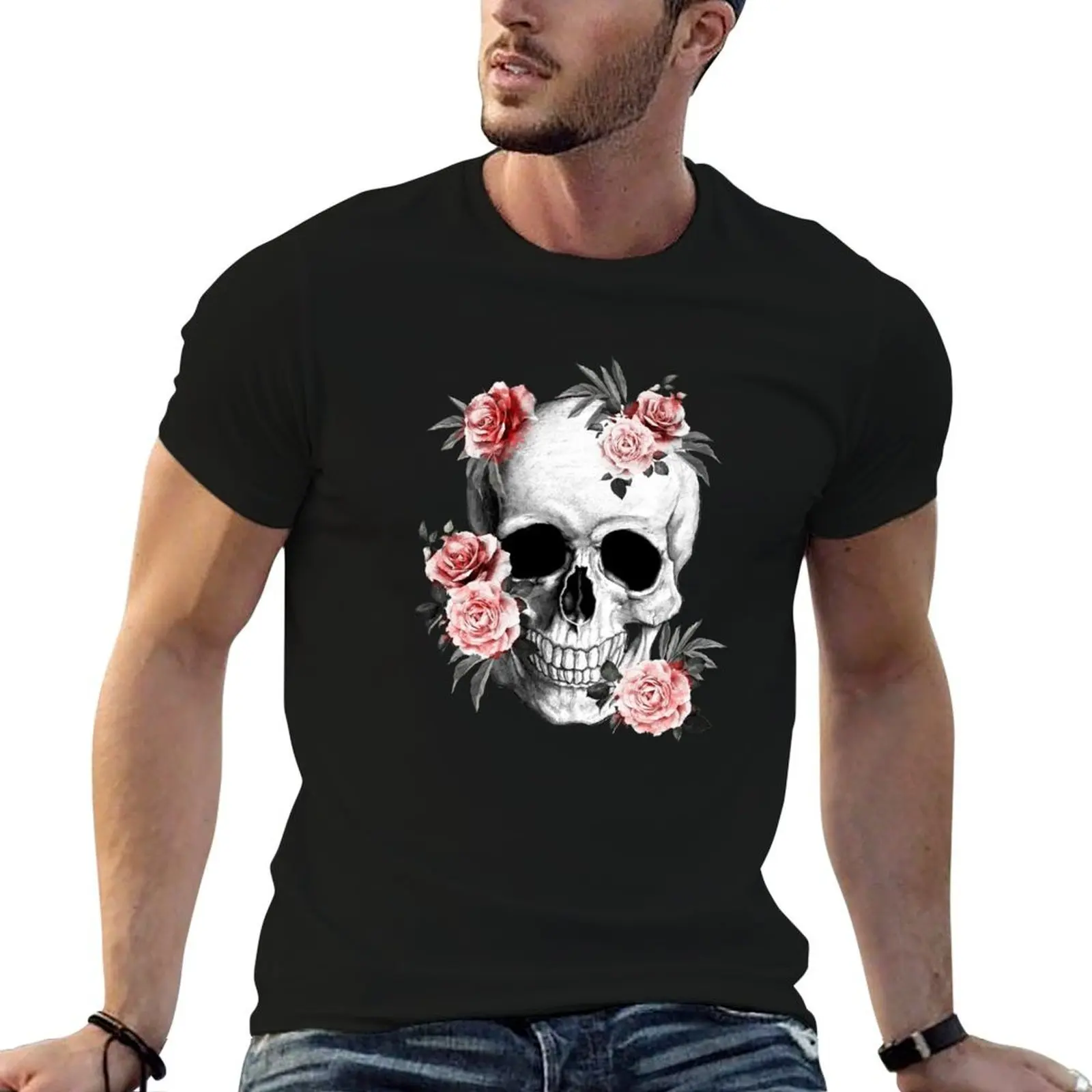 Skull human anatomy floral, skeleton watercolor roses,mask cool, funny T-Shirt t shirt custom print T-Shirt