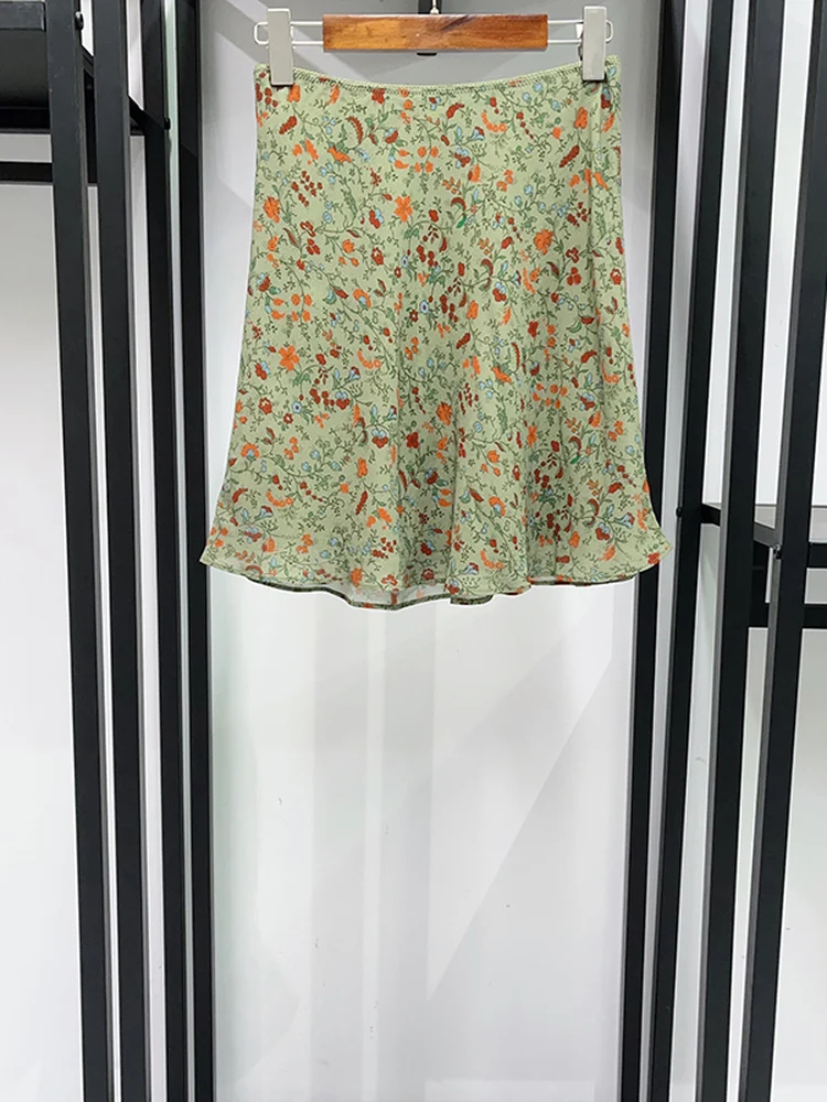 2026 Early Autumn Green Floral  Skirt Women's A-Line Fish Tail Skirt Low Waist Print Fabric Slimming Classic Versatile
