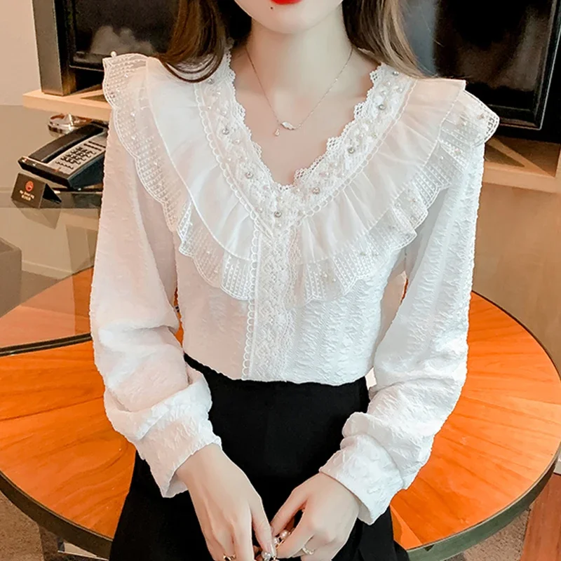 

V-neck Long Sleeve Pleated Ruffled Lace Blouse 2023 Elegant Women Sweet Simple Chiffon Shirt Ladies Casual Loose Top mujer 29723