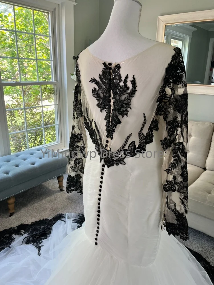 Gothic Wedding Dresses O-Neck Long Sleeve Mermaid Bride Dress Appliques Pleat Halloween Bridal Gown Customized robe de mariée