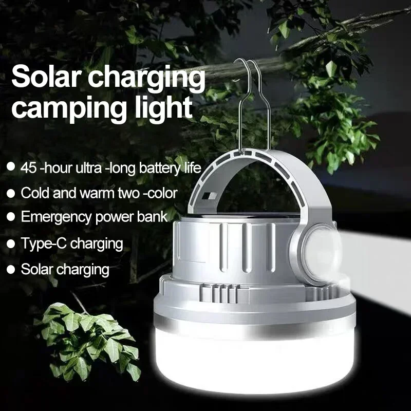 Solar & Type-C Rechargeable Camping Lantern - Portable Outdoor LED Lamp with Built-in Hanging Hook