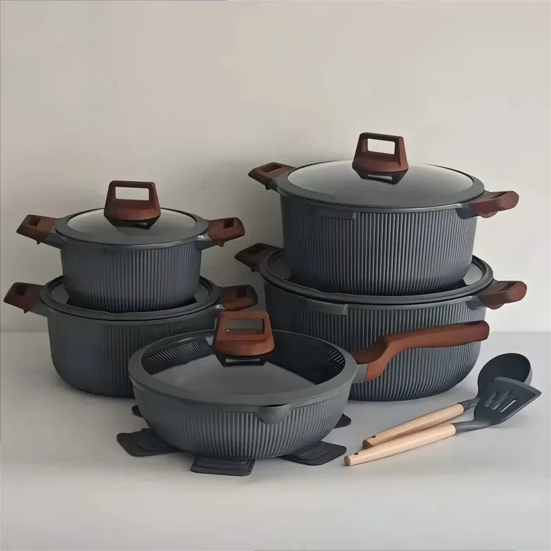 Premium 15PCS Die-cast Aluminum Cookware Set Non-stick Granite Pot and Pan Set 20-32cm for All Stoves Induction Safe