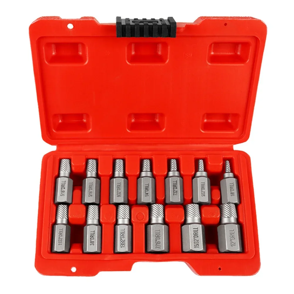 

Complete 13 Pcs Bolt and Screw Extractor Set with Marked Specifications for Quick Identification During Repairs