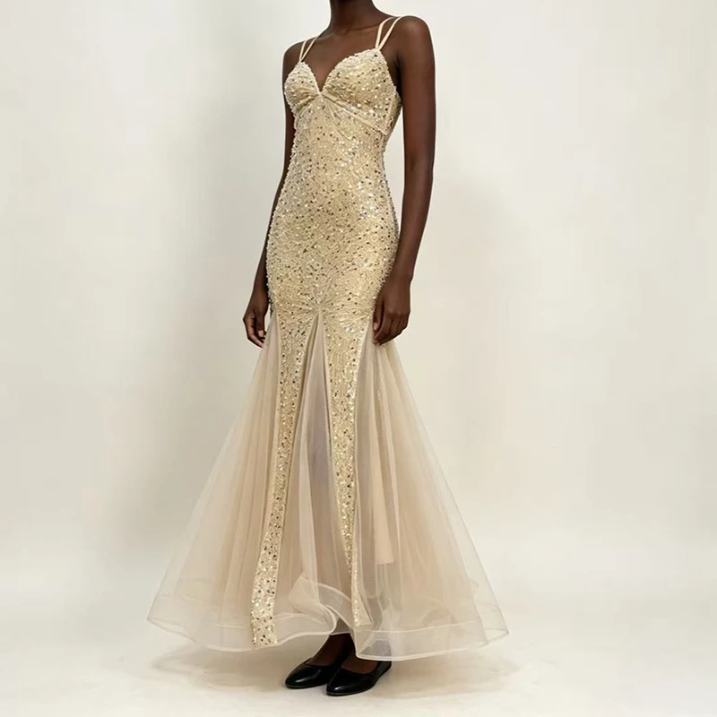 

Temperament Luxury Halter Sequin Mesh Dress Elegant Sleeveless Hollow Out Pleat Maxi Dress Summer Fashion Pure Fit Evening Dress