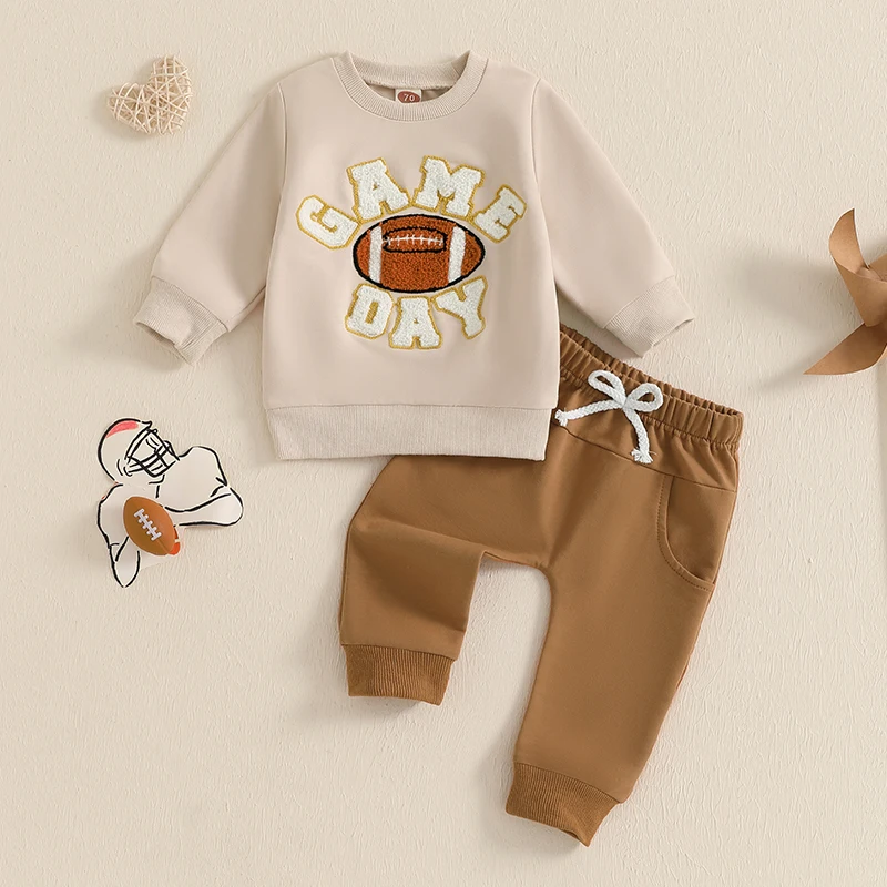 Infant Toddler Boys Fall Outfits Letter Rugby Pattern Long Sleeve Crew Neck Sweatshirts with Solid Pants 2 Pcs Set