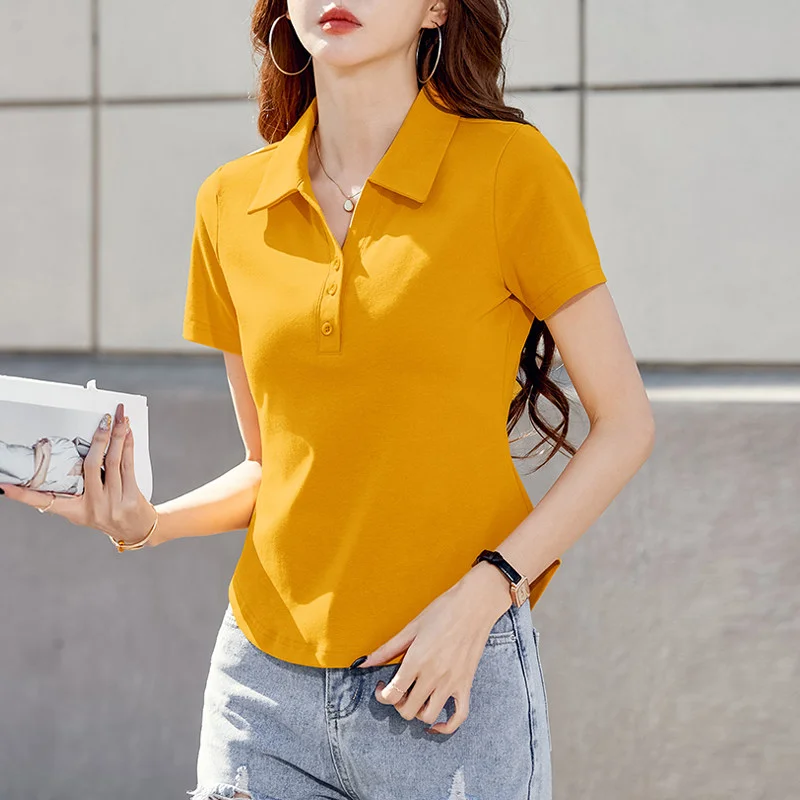 Short Sleeve Shirt Women's Yellow T-shirt Summer New Style with Collar Slim Fit Top Button Classic Cotton Polyester Blend