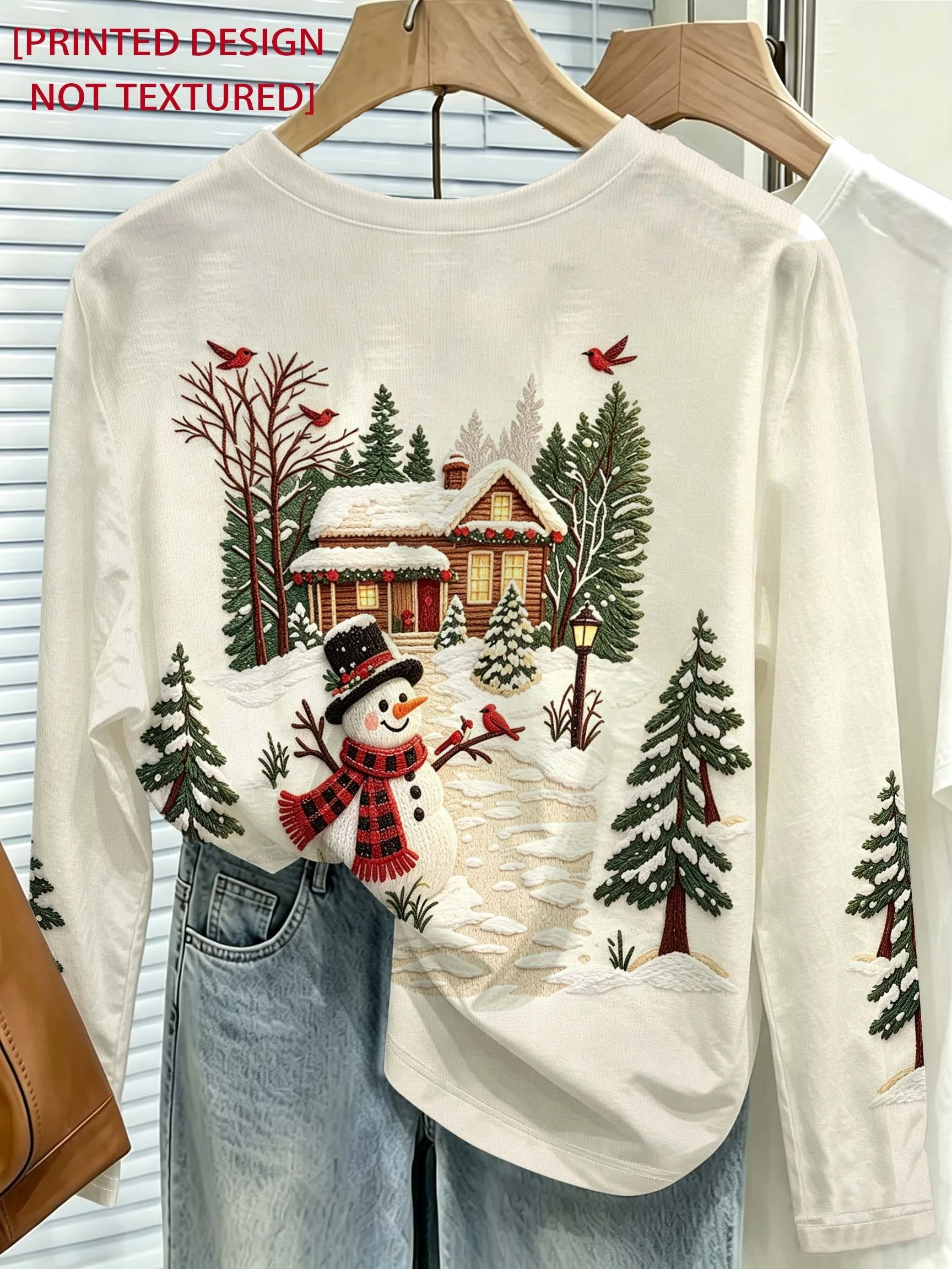 2026 Christmas Women Long Sleeve T Shirt Snowman Cabin Forest Print Round Neck Winter Casual Top Women's Clothes