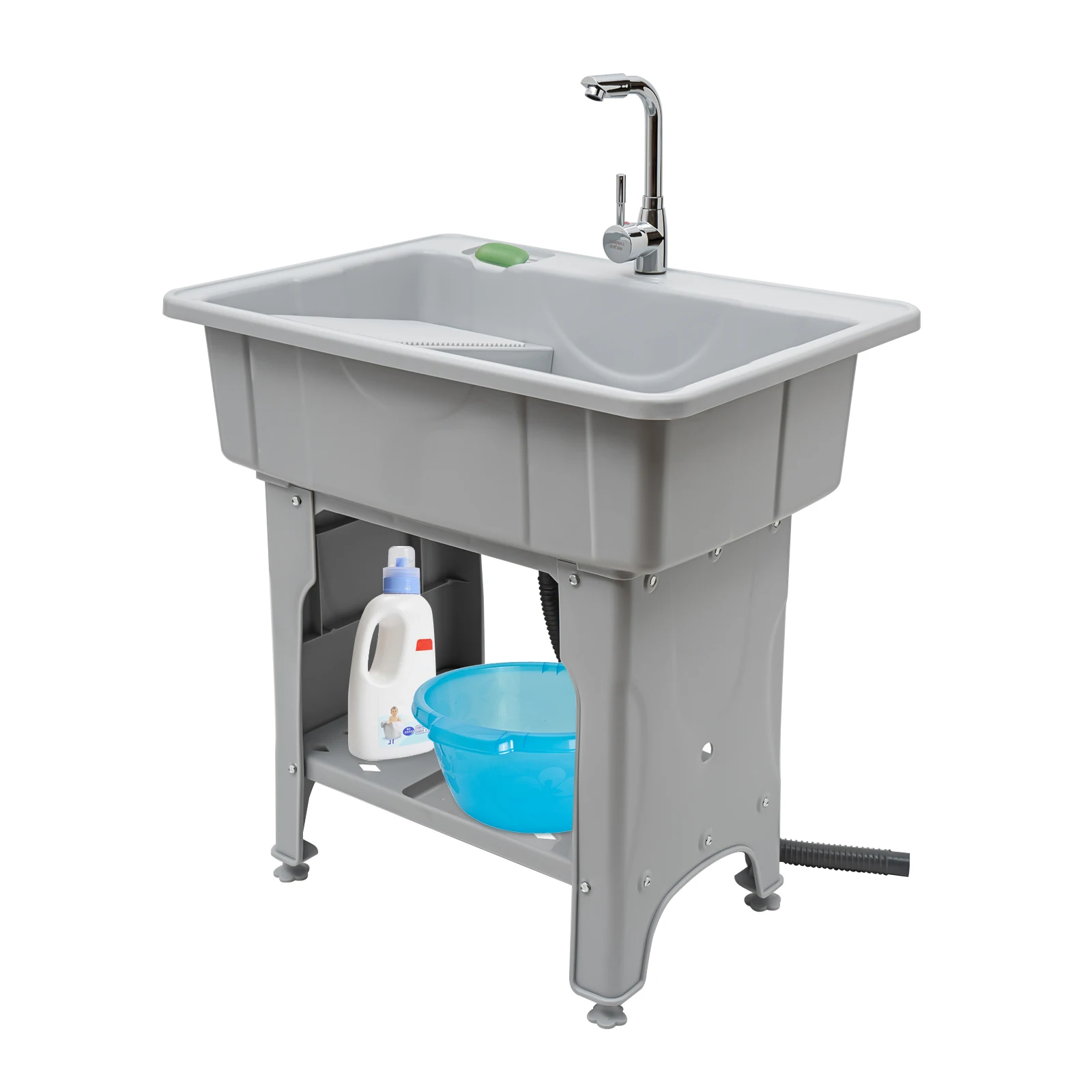 Freestanding Plastic Laundry Sink with Washboard Indoor Outdoor Utility Sink with Cold and Hot Water Faucet Hoses Drain Kit