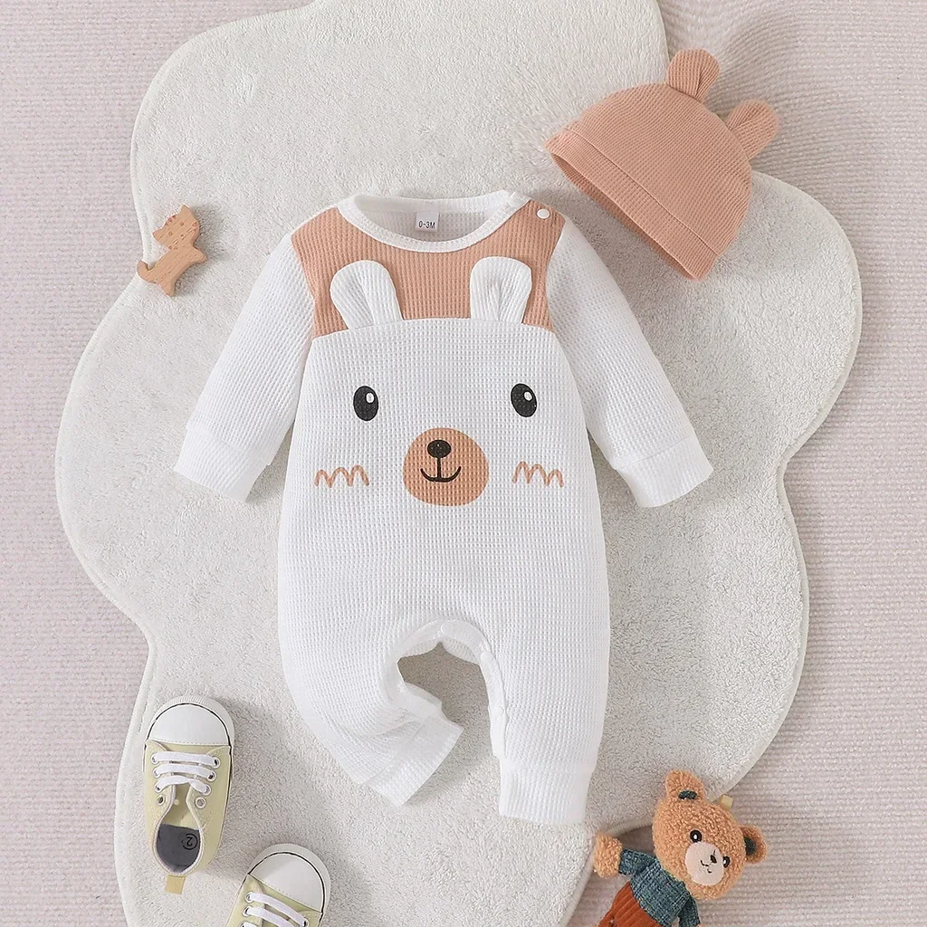 Unisex Newborn Onesies Romper 0-18 Months Toddler Clothing Infant Long Sleeve Cartoon Cute Bear Ears Hat Jumpsuit