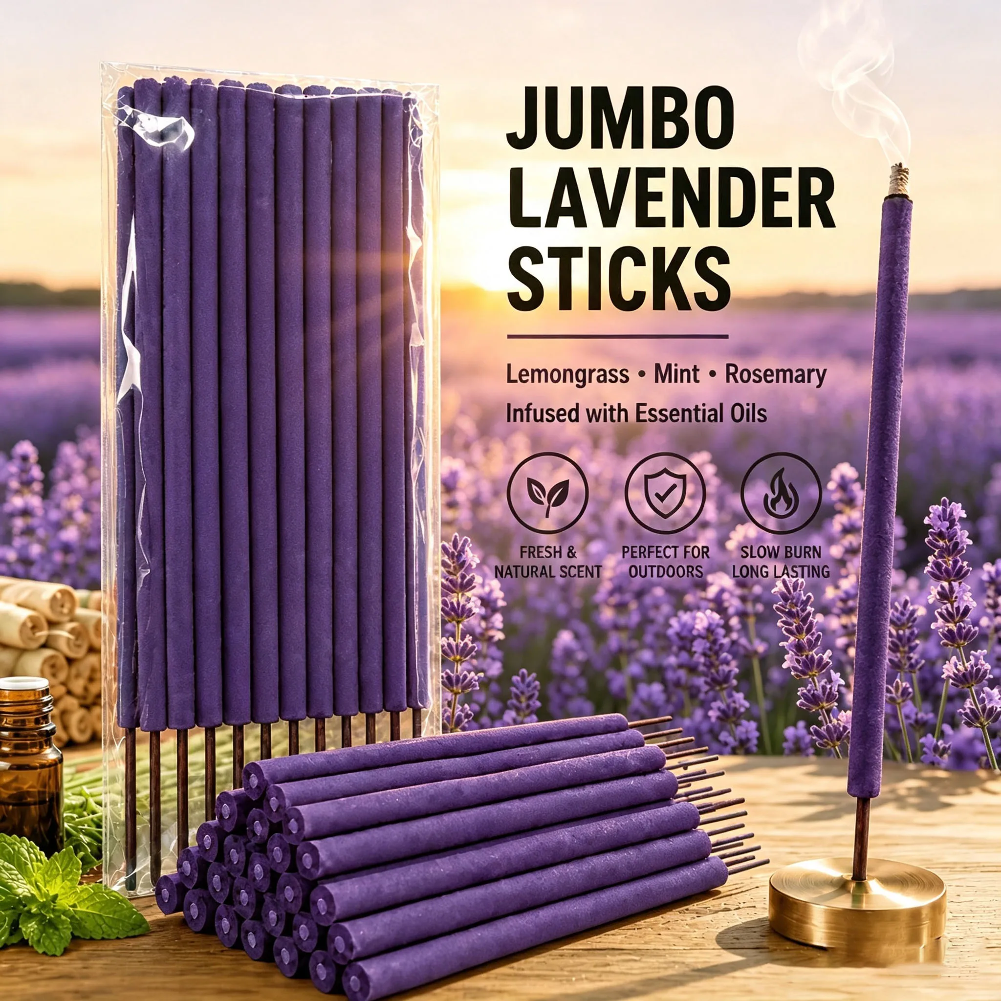 10/20/30 Garden Lavender Incense Sticks, 27cm Extra-Long and Thick Outdoor Incense Sticks, Lavender, Mint, Rosemary Fresh Floral Scent, Slow-Burning Large Incense Sticks 7mm Thick, Lasts for about 1.5-2 Hours, Suitable