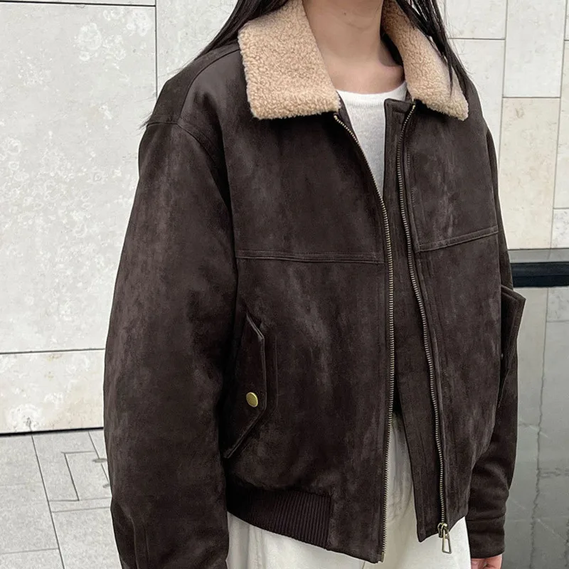 HKSH automne hiver nouvelle veste chaude pour femme Faux daim Patchwork laine d'agneau col rabattu fermeture éclair rétro Y2K épaissir manteau HK14045