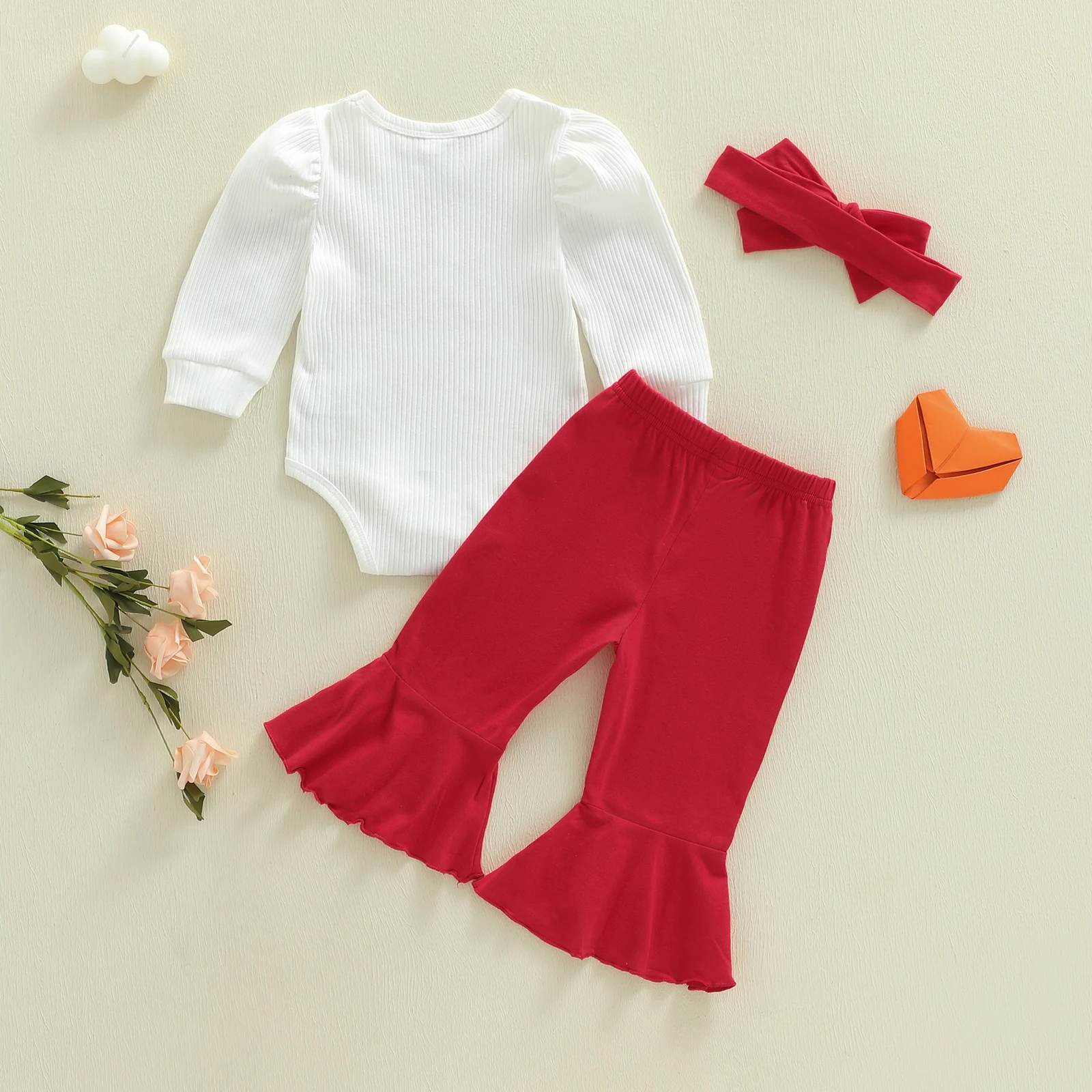 Valentine's Day Infant Baby Girls 3pcs Outfit Long Sleeve O Neck Letter Embroidery Jumpsuit Headband Elastic Waist Flared Pants