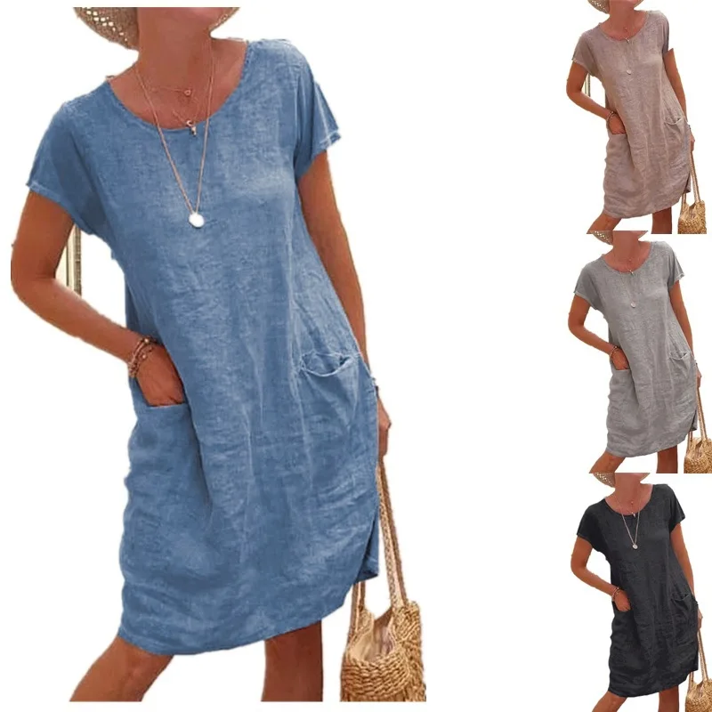 

Loose Solid Color Pocket Short Sleeve Wash Cotton and Linen Dress Women's Clothing 2025 Summer