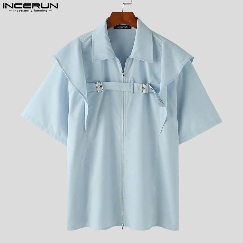 INCERUN Men Shirt Lapel Short Sleeve Solid Color Zipper Loose Casual Men Clothing Streetwear Summer 2024 Fashion Male Shirts