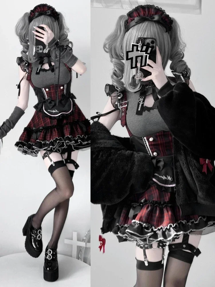 IMU Autumn Gothic Vintage Elegant 2 Piece Sets Women Y2k Hollow Out Chic Blouse +Plaid Design Skirt Female Retro Outfits Hallowe