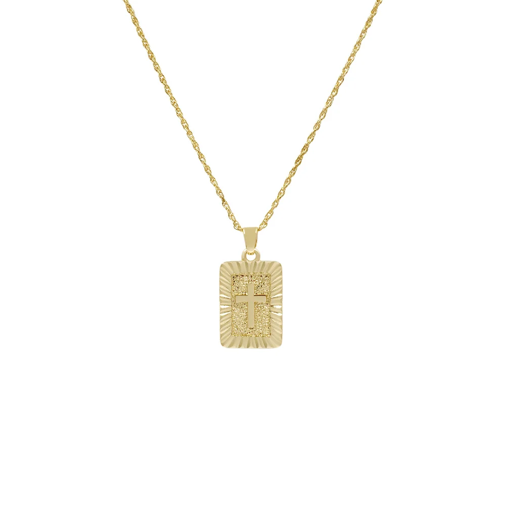 Trendy Gold Color Plating Cross Engraved Square Pendant Necklace For Women Girl Elegant Casual Gorgeous Jewelry