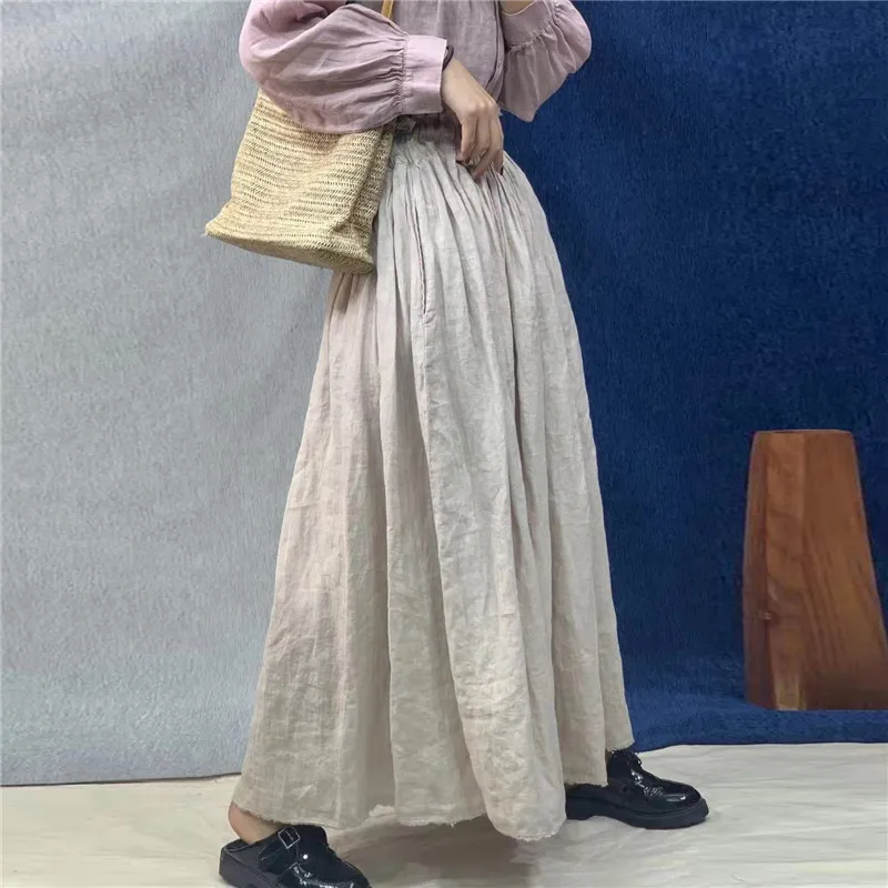 Johnature 2023 New Vintage Linen  Solid Color Women Skirts Summer Casual All Match High Waist 3 Colors Female Skirts