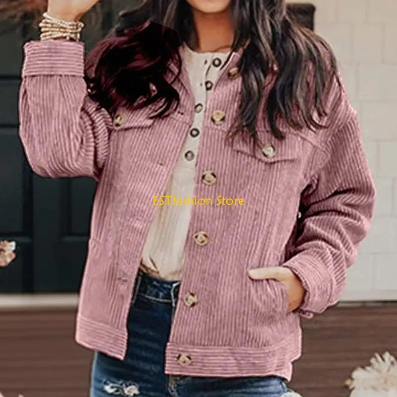 Y5GC Women's Casual Lapel Loose Button Down Long Sleeve Corduroy with Pockets