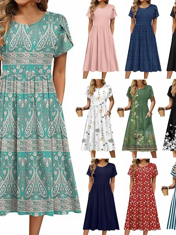 캐주얼 또는 중간 길이 프린트 드 플로럴 프린트 A라인 스커트 신축성 있는 허리 폴리에스터 섬유 기본 슬리브 싱글 피스