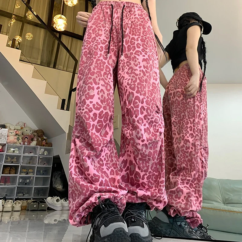 Woman American Streetwear Baggy Y2k Jeans Girls Vintage Harajuku Trousers Female Red Leopard Print Japanese 2000s Wide Leg Pants