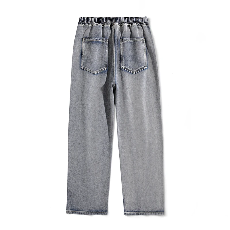 Fashion Elastic Lace Up Washed Hole Straight Jeans Men's Clothing 2024 Spring Summer New Loose Casual High Waist Cropped Pants