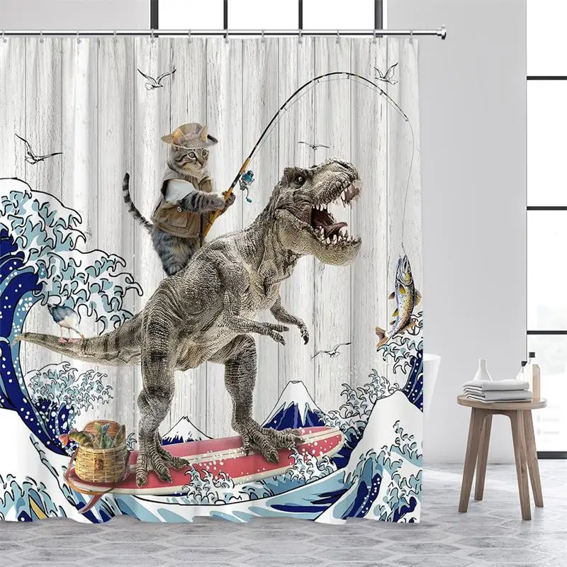 Funny Cat Riding Dinosaur Shower Curtains Sea Waves Starry Sky Sharks Birds Creative Kids Bath Curtain Polyester Bathroom Decor