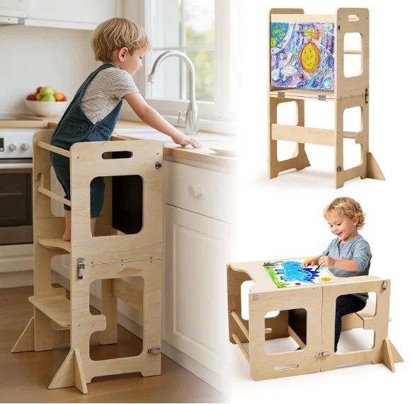 Foldable Learning Standing Tower with Blackboard, Anti-tip Structure Design,Wooden Kitchen Step Helper Stool