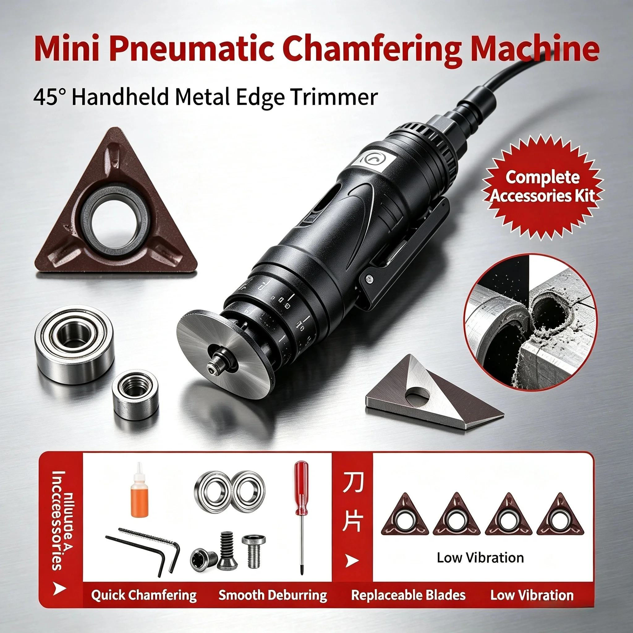 Handheld Mini Pneumatic Chamfering Machine 45° Metal Deburring Trimmer with Replaceable Blades Bearings Kit