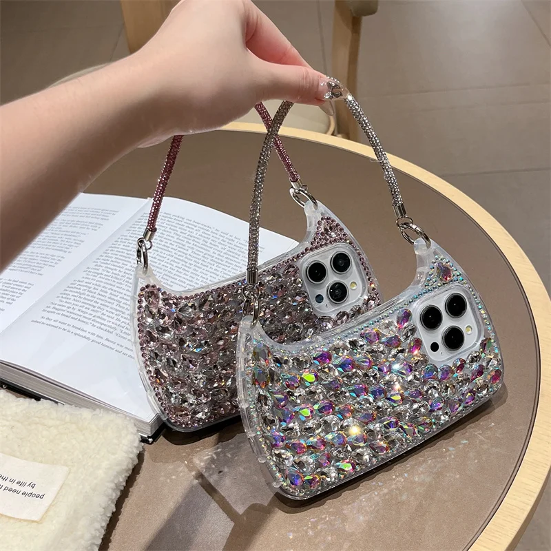 Luxury Bling Rhinestone Hand Bag For iPhone 16 Pro 15 14 13 Pro Max 12 Phone Case Silicone Cute Cases For Apple 15Pro max Funda